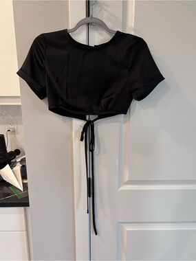 Pretty Garbage Black Satin Tie Back Cropped Top Y2K Style Sleek Minimalist Layer